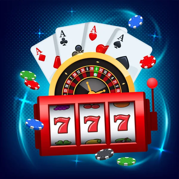 Gagner Machine Sous Cartes Jouer Roulette Roue Voler Casino Illustration — Image vectorielle