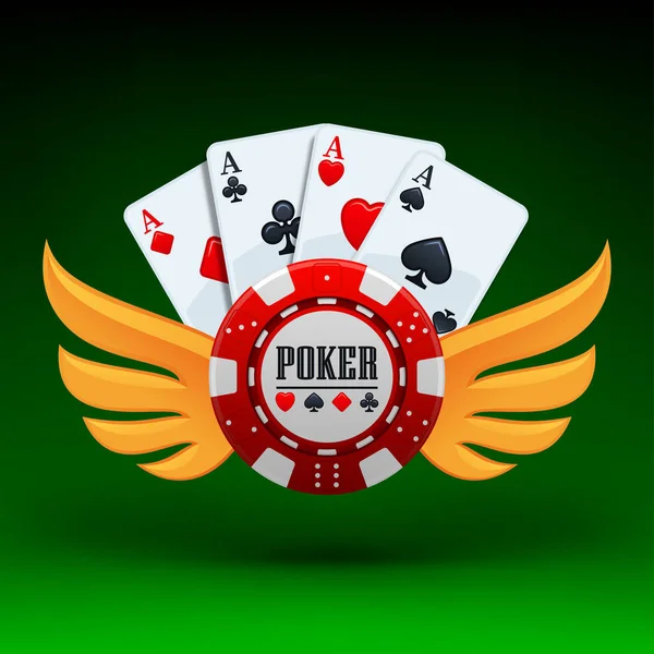 Poker Turnuvası Vektör Çizimi Dört Kart Altın Kanatlı Yeşil Arka Stok Illüstrasyon