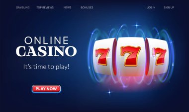 Winning slot machine vector illustration. Casino online landing page. Website homepage interface UI template. Landing web page, concept hero header.