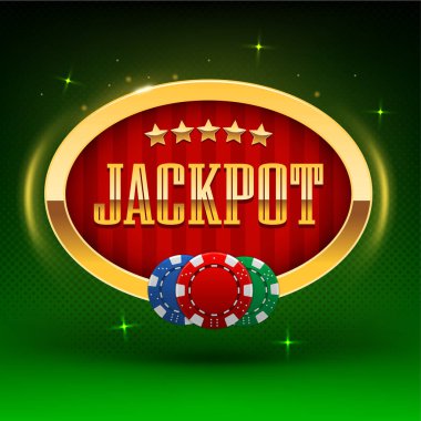 Glowing Jackpot golden banner. Vector illustration for winners of poker, cards, roulette and lottery. Shining retro Jackpot banner on green background. Vector illustration.