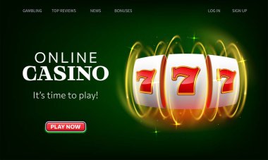 Winning slot machine vector illustration. Casino online landing page. Website homepage interface UI template. Landing web page, concept hero header.