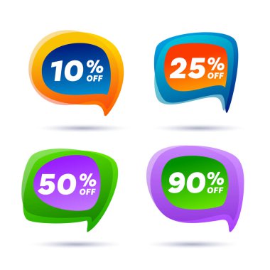 Özel fiyat tabelaları. Yüzde 10, 25, 50 ve 90 indirimli semboller. Etiketler, etiketler, afişler, etiketler, web etiketleri için satış vektör rozetleri. Konuşma baloncukları ya da sohbet sembolleri. Renkli elementler. Beyaz arkaplanda izole vektörler
