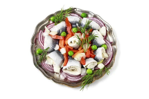 Pickled herring rolls with vegetables — Stock Photo, Image