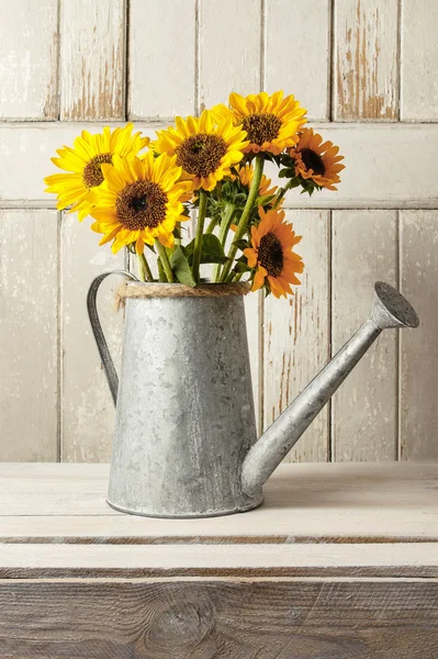 Bouquet of sunflowers in silver watering can — Stock Photo, Image