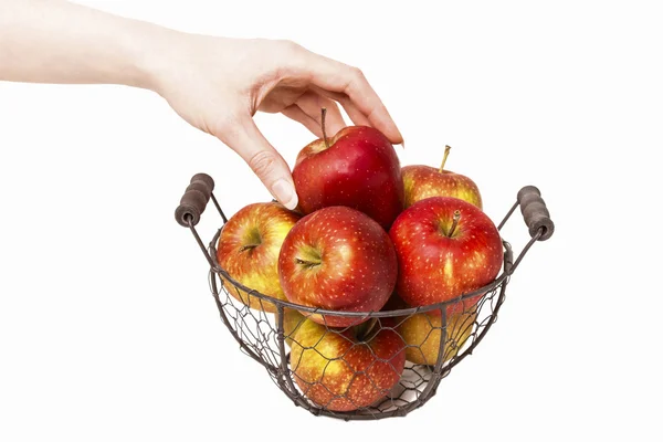 Cesta de manzanas rojas maduras y una manzana en hermosa mano . — Foto de Stock