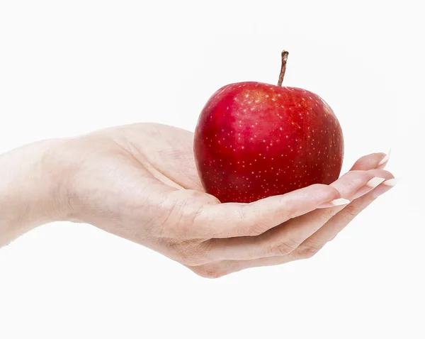 Woman holding red ripe apple in beautiful hand — Stock Photo, Image