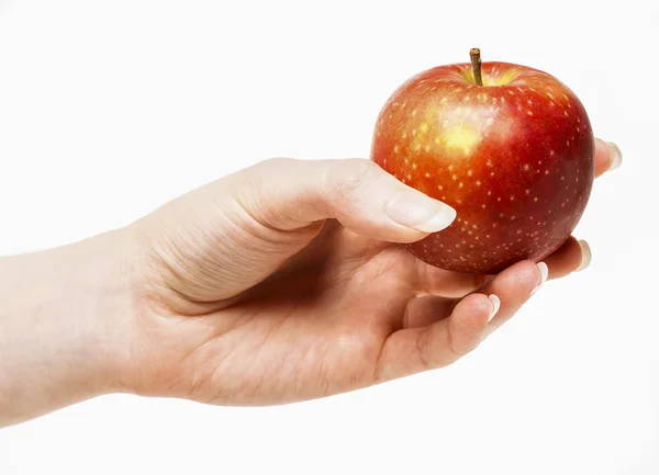 Woman holding red ripe apple in beautiful hand — Stock Photo, Image