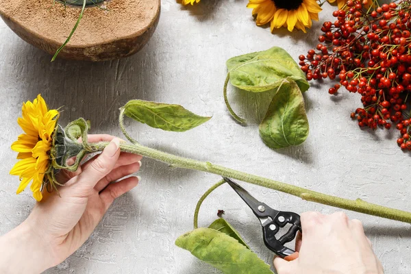 Florist bei der Arbeit: wie man Blumenarrangements mit Sonnenblumen macht — Stockfoto