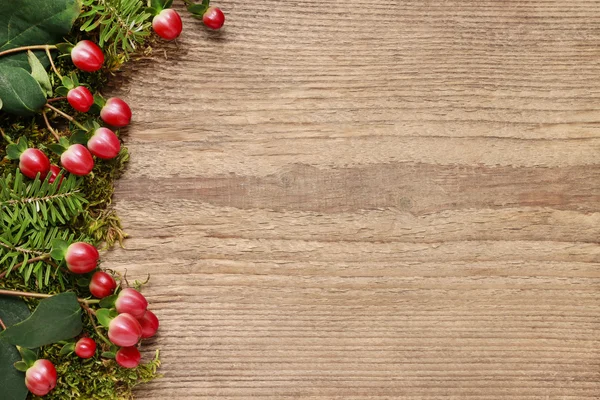 Ahşap arka plan üzerinde yosun ve hypericum bitki, 