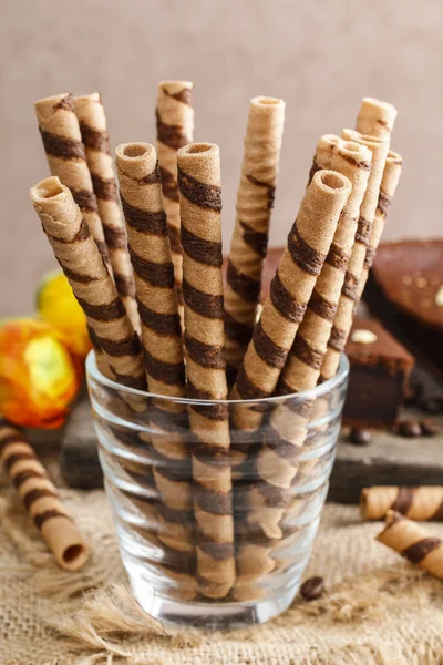 Striped wafer rolls, delicious chocolate snack