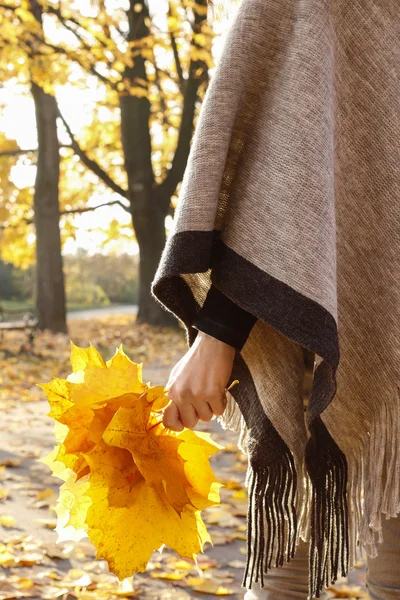 Frau hält Bund gelber Herbstblätter in der Hand — Stockfoto