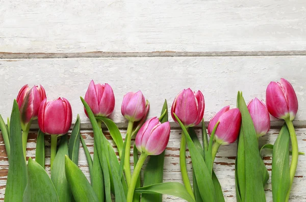 Krásné růžové tulipány na dřevěné pozadí. — Stock fotografie