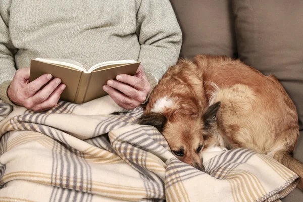 Old man sitting on the sofa with his lovely dog and book