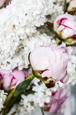 Buket pembe peonies ve beyaz leylak