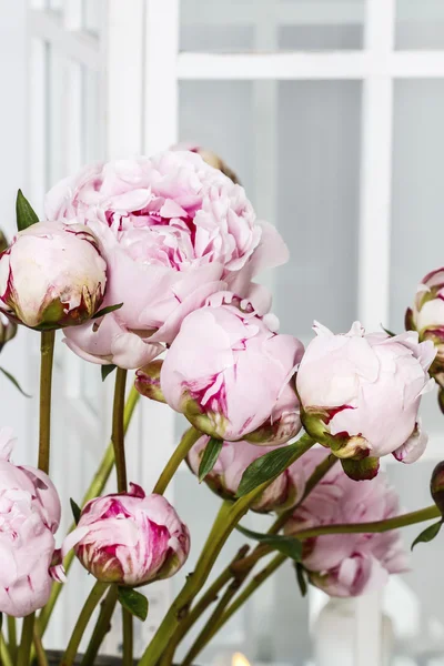 Buquê de peônias rosa e lilases brancos — Fotografia de Stock