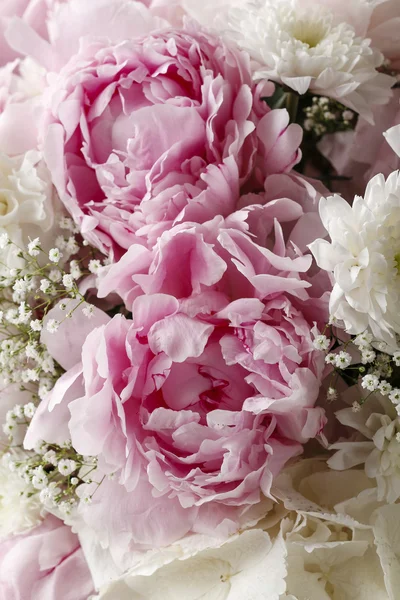 Blomsterarrangemang med rosa pioner, vit hortensia — Stockfoto
