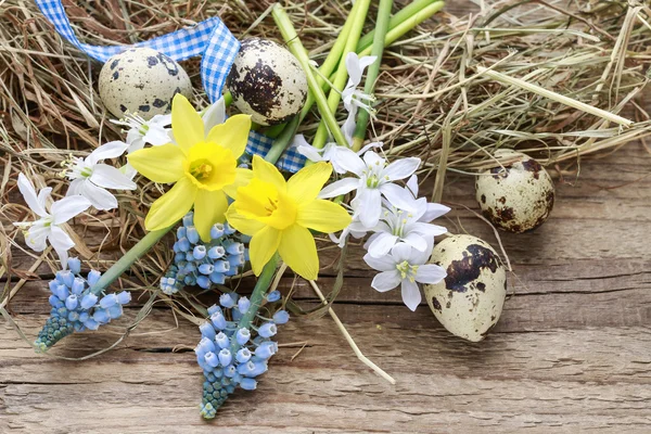 Bahar çiçek, bıldırcın yumurtası ve saman ile Paskalya süsleri — Stok fotoğraf
