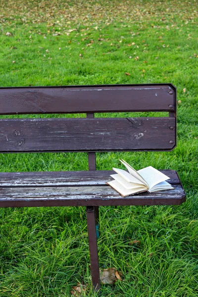 Egy könyvet a fa pad a kertben. — Stock Fotó
