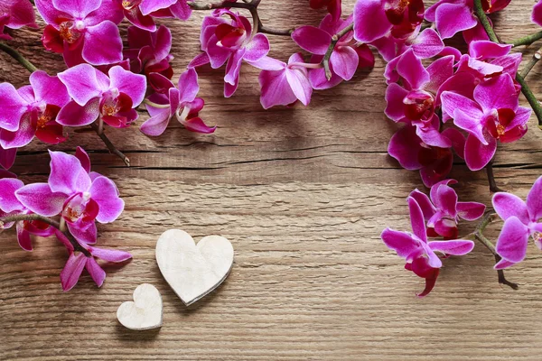 Bellissimi fiori di orchidea rosa su legno — Foto Stock