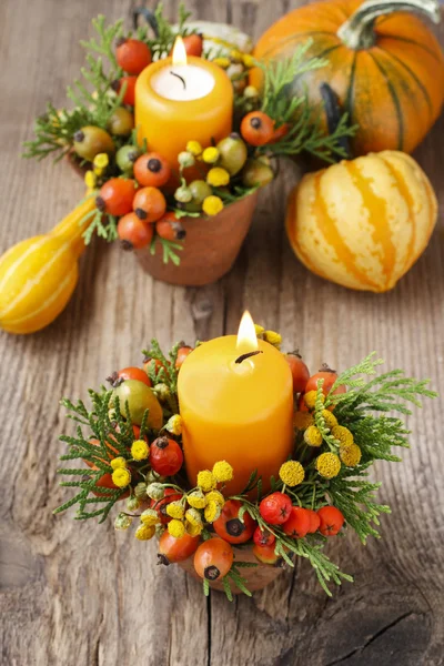 Bela decoração com velas e plantas de outono — Fotografia de Stock