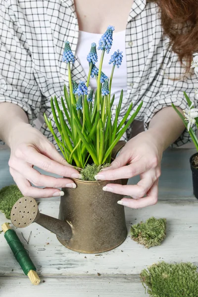 Femme travaillant avec des fleurs de printemps — Photo