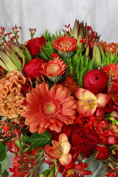 Red and orange bouquet with roses, gerberas, carnations and free — Stock Photo, Image