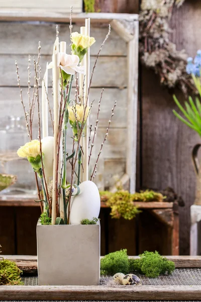 Aster decoration with carnations, catkins and eggs. — Stock Photo, Image