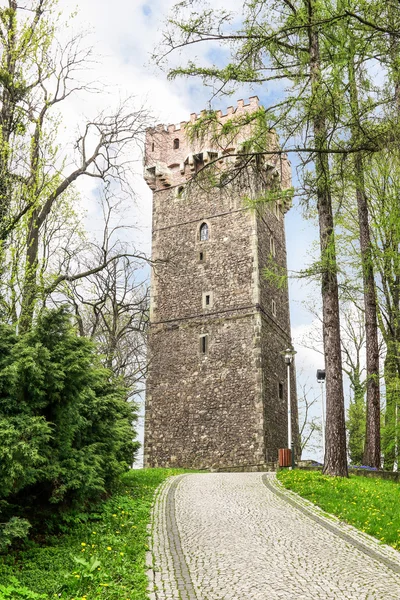 CIESZYN, POLONIA - 16 DE ABRIL DE 2016: Torre gótica en el castillo hil —  Fotos de Stock