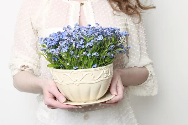 Mulher segurando um pote com flores esquecer-me-não . — Fotografia de Stock