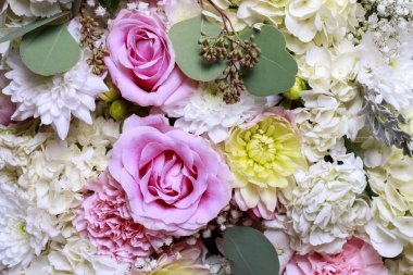 Çiçek arka plan gül, yıldız çiçeği, HORTENSIA ve karanfil flo ile