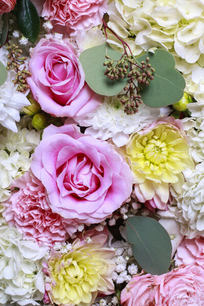Flower background with rose, dahlia, hortensia and carnation flo