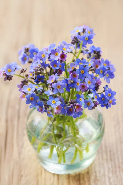 Bukett av glöm-mig-inte blommor i glasvas — Stockfoto