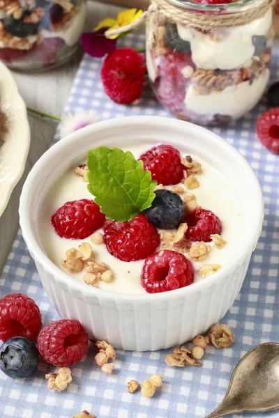 Breakfast table: bowl of yogurt with muesli and fresh fruits — Stock Photo, Image