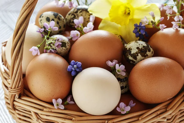 Cesta Mimbre Llena Huevos Decorados Con Flores Primavera Tiempo Pascua — Foto de Stock