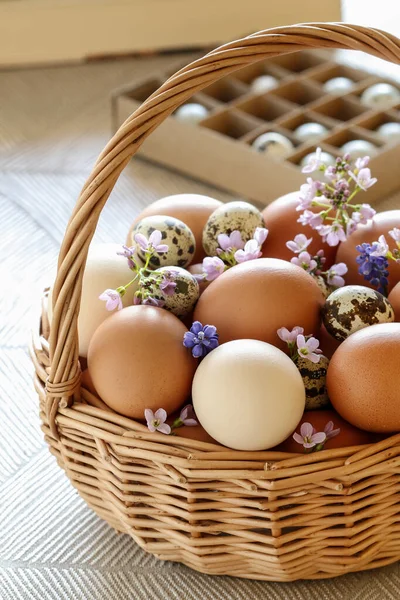 Cesta Mimbre Llena Huevos Decorados Con Flores Primavera Tiempo Pascua — Foto de Stock