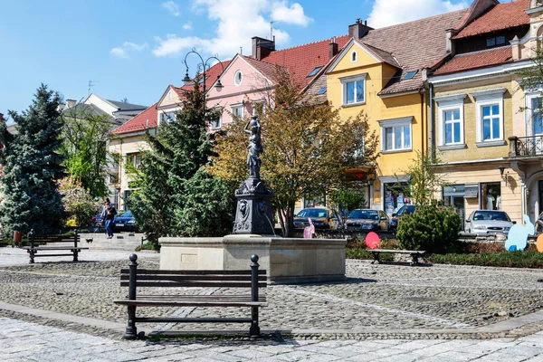 Der Brunnen Auf Dem Hauptmarkt Myslenice Polen — Stockfoto