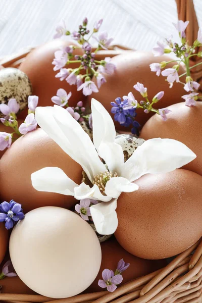 Rieten Mandje Vol Eieren Versierd Met Lentebloemen Feestelijke Tijd — Stockfoto