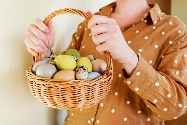 Woman Holding Wicker Basket Easter Eggs Festive Time — Stock Photo, Image