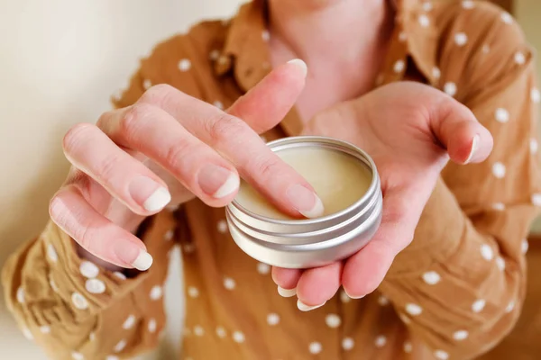 Woman Rubbing Cream Her Hands Spa Time — Stock Photo, Image