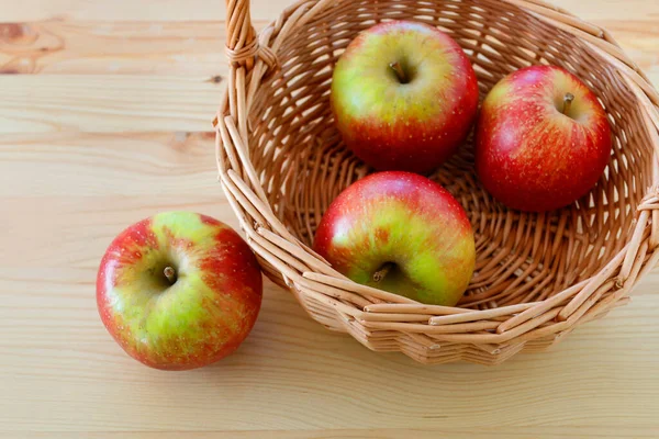 Basket Apples Wooden Table Copy Space — Stock Photo, Image