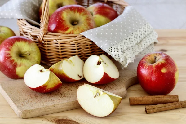 Basket Apples Wooden Table Copy Space — Stock Photo, Image