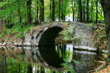 Gölün üzerindeki parktaki eski taş köprü. Sakin ol.