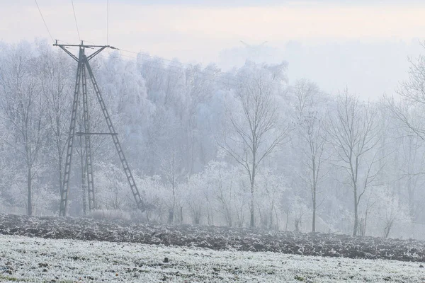 Fields covered with snow and power pole with electric wires. Winter landscape.