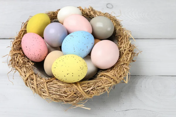 Cuenco Con Huevos Pascua Mesa Madera Tiempo Festivo — Foto de Stock