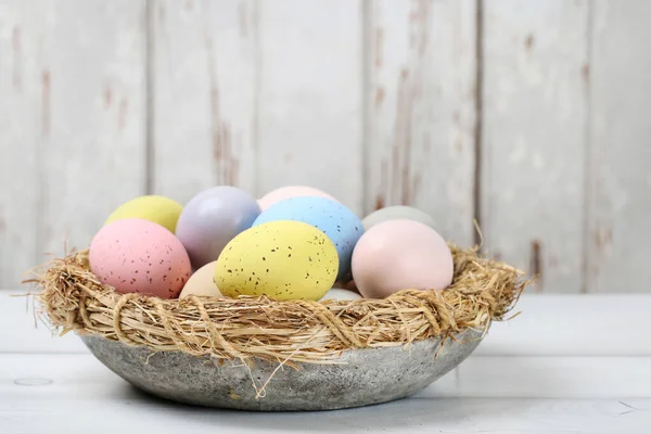 Bowl Easter Eggs Wooden Table Festive Time — Stock Photo, Image