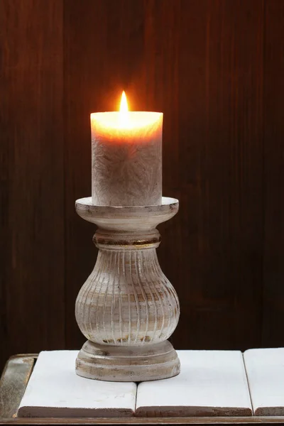 Single Candle Dramatic Lighting Brown Wooden Background Wallpaper Copy Space — Stock Photo, Image