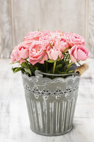 Bouquet of roses in grey decorative bucket — Stock Photo, Image