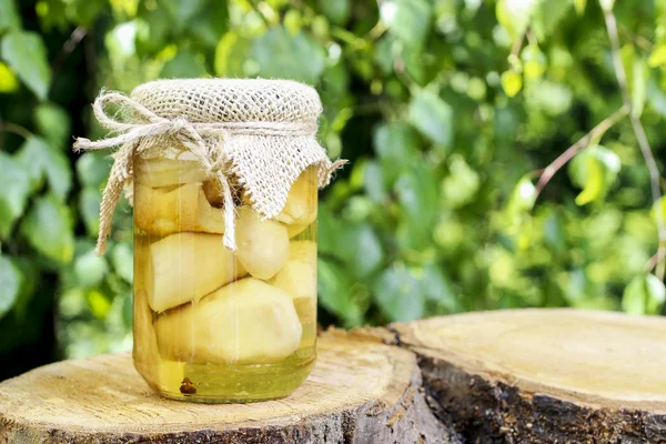 Glass jar of pickled mushrooms — Stock Photo, Image