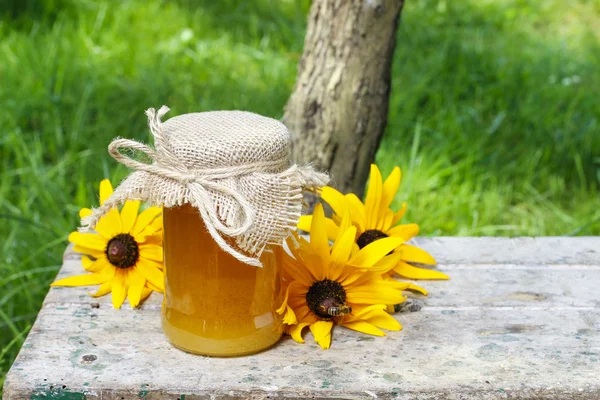 Tarro de miel y hermosos girasoles en el jardín —  Fotos de Stock