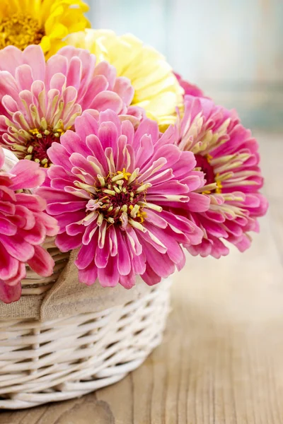 Bouquet of zinnia flowers in wicker basket. — Stock Photo, Image